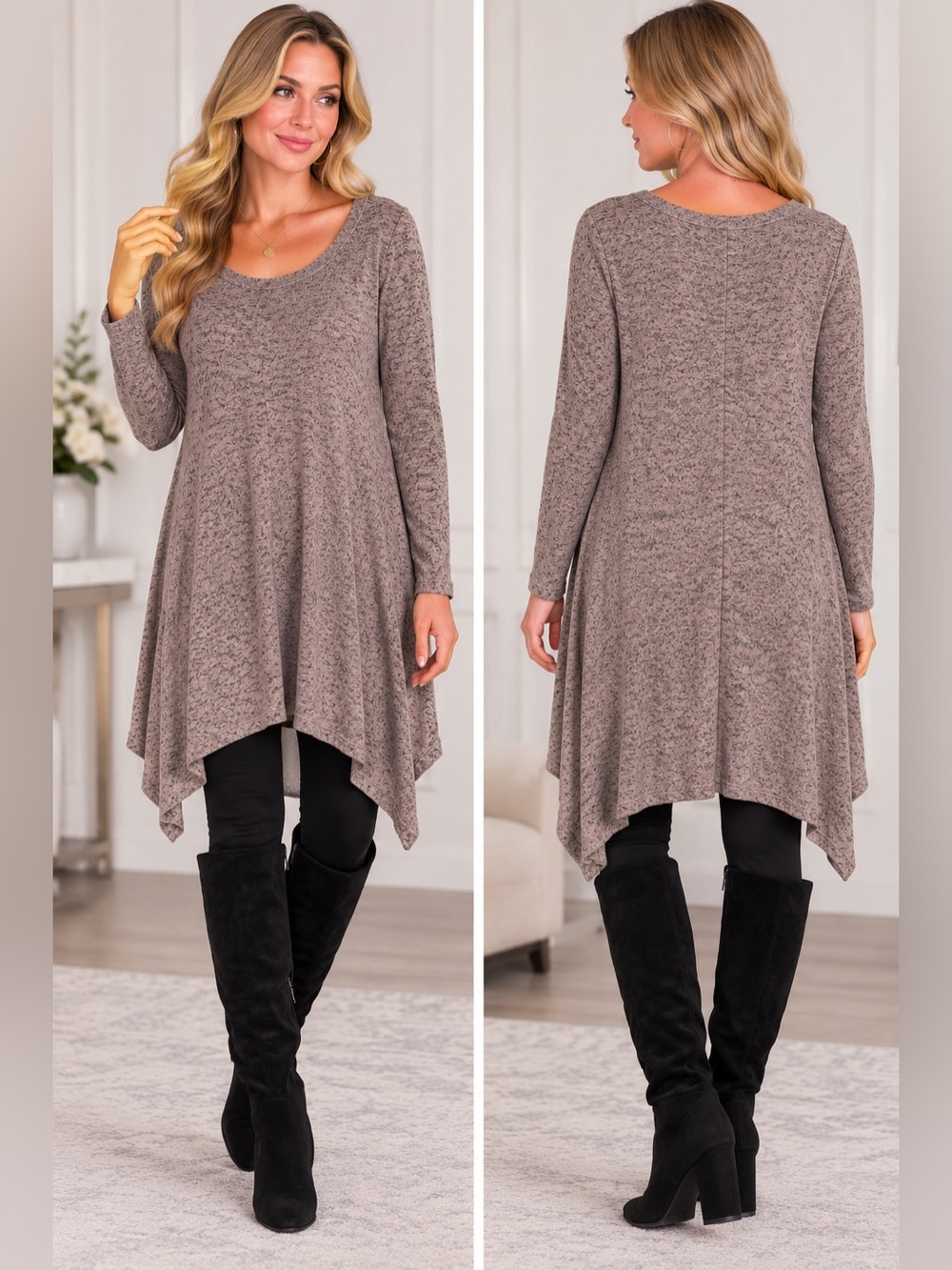 Moa Moa Taupe Handkerchief Hem Long Sleeve Tunic